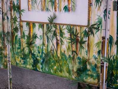 Anche i separ� esterni sono stati decorati dall�artista barese: a una prima mano di pittura verde � seguita l�applicazione di foglie finte proprio per rendere pi� verosimili le vistose piante di bamb�